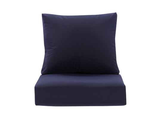 Navy blue patio replacement cushion set, 2-piece, featuring durable weather-resistant fabric and plush padding, designed for single chairs, enhancing outdoor seating comfort and style.