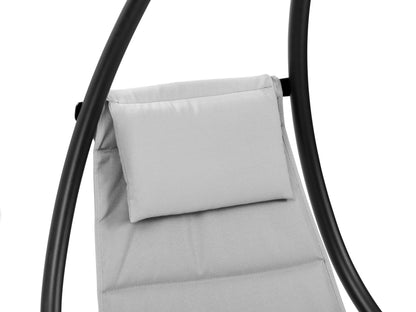 Light grey patio swing lounge chair with cushioned seat and backrest, sturdy metal frame, and adjustable canopy for shade. Ideal for outdoor relaxation and comfort in gardens or patios.