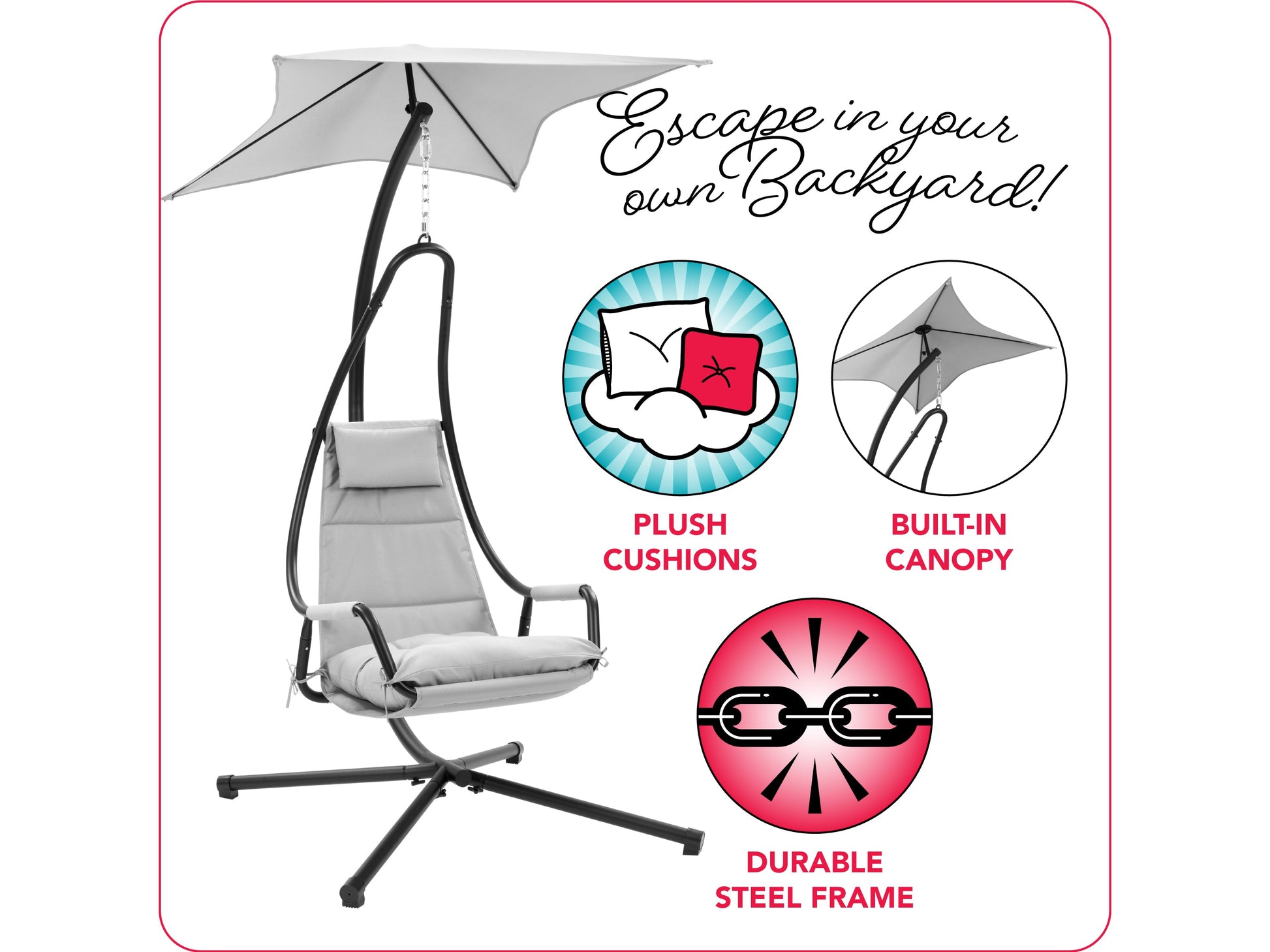 Light grey patio swing lounge chair with cushioned seat and backrest, sturdy metal frame, and adjustable canopy for shade. Ideal for outdoor relaxation and comfort in gardens or patios.