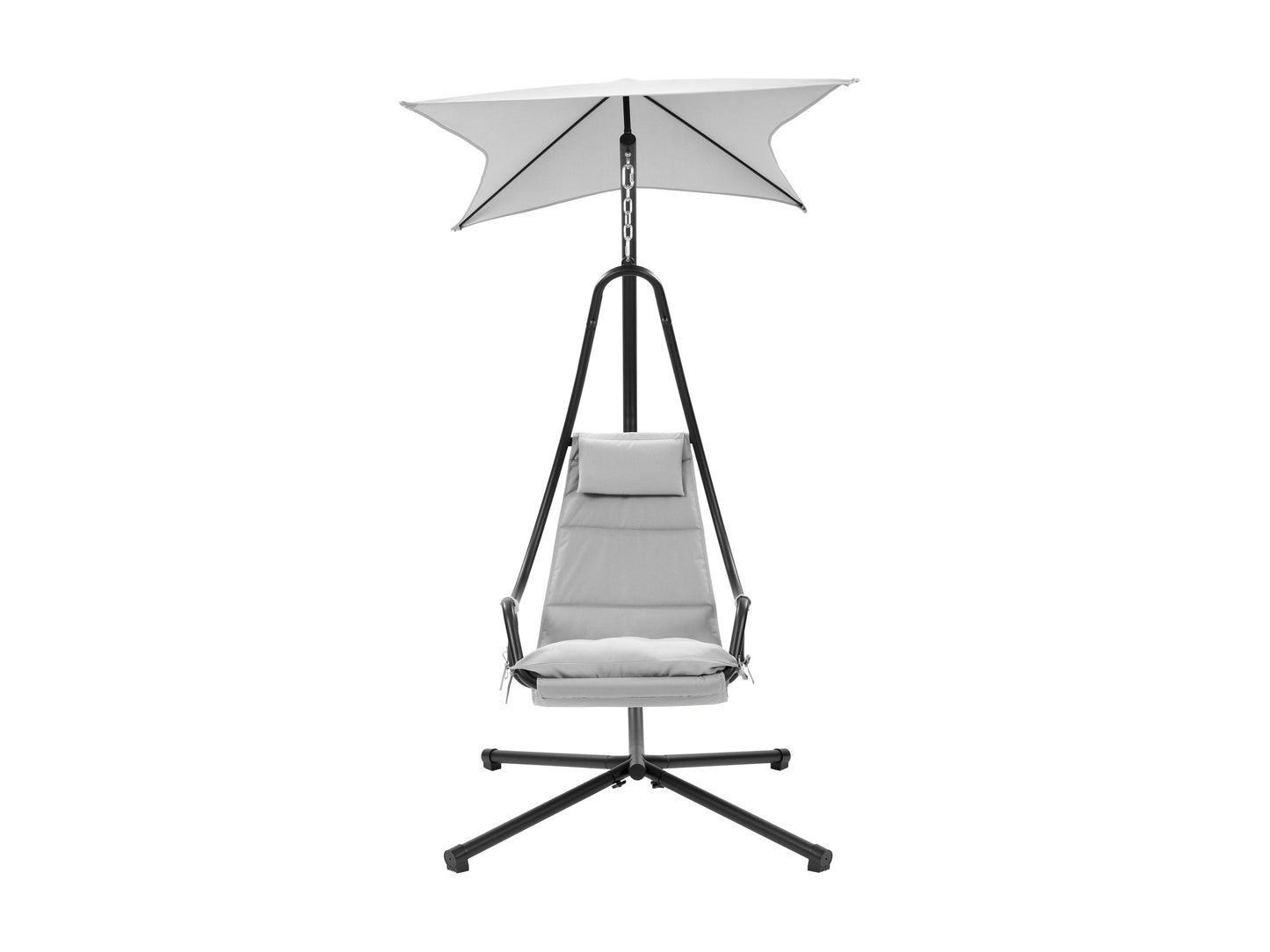 Light grey patio swing lounge chair with cushioned seat and backrest, sturdy metal frame, and adjustable canopy for shade. Ideal for outdoor relaxation and comfort in gardens or patios.