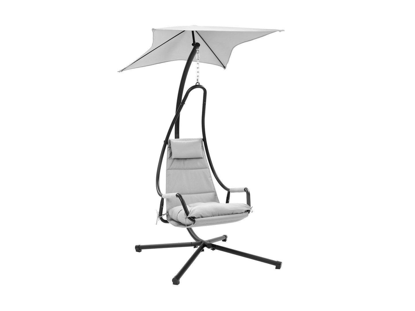 Light grey patio swing lounge chair with cushioned seat and backrest, sturdy metal frame, and adjustable canopy for shade. Ideal for outdoor relaxation and comfort in gardens or patios.