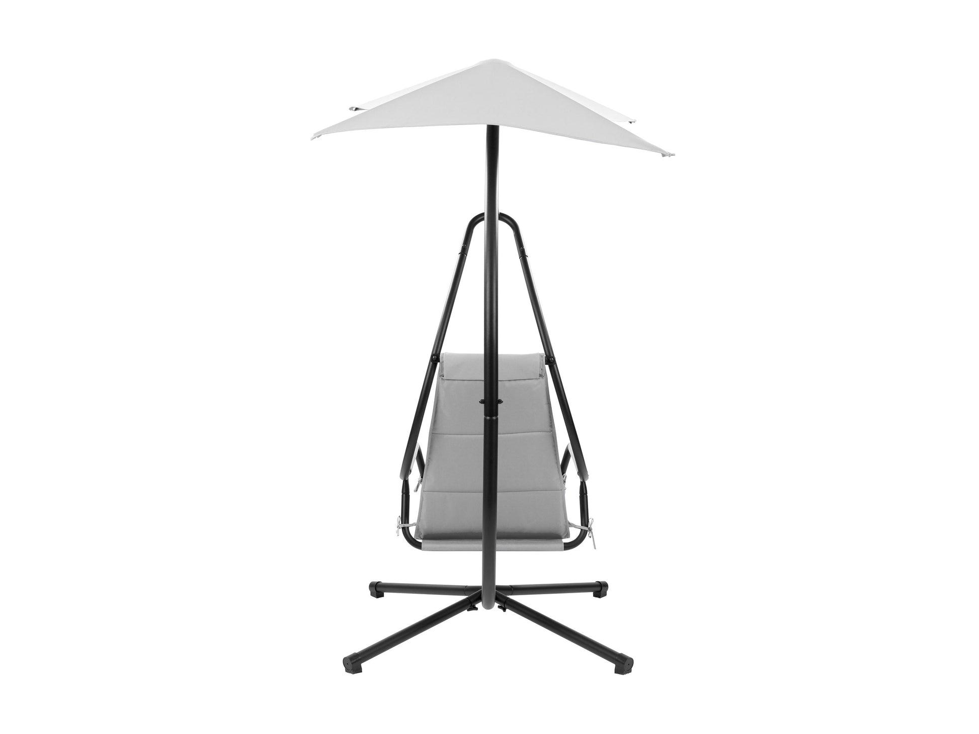 Light grey patio swing lounge chair with cushioned seat and backrest, sturdy metal frame, and adjustable canopy for shade. Ideal for outdoor relaxation and comfort in gardens or patios.