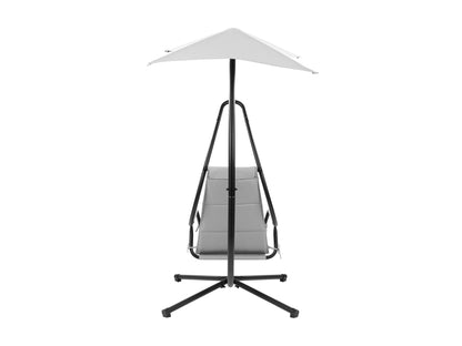 Light grey patio swing lounge chair with cushioned seat and backrest, sturdy metal frame, and adjustable canopy for shade. Ideal for outdoor relaxation and comfort in gardens or patios.