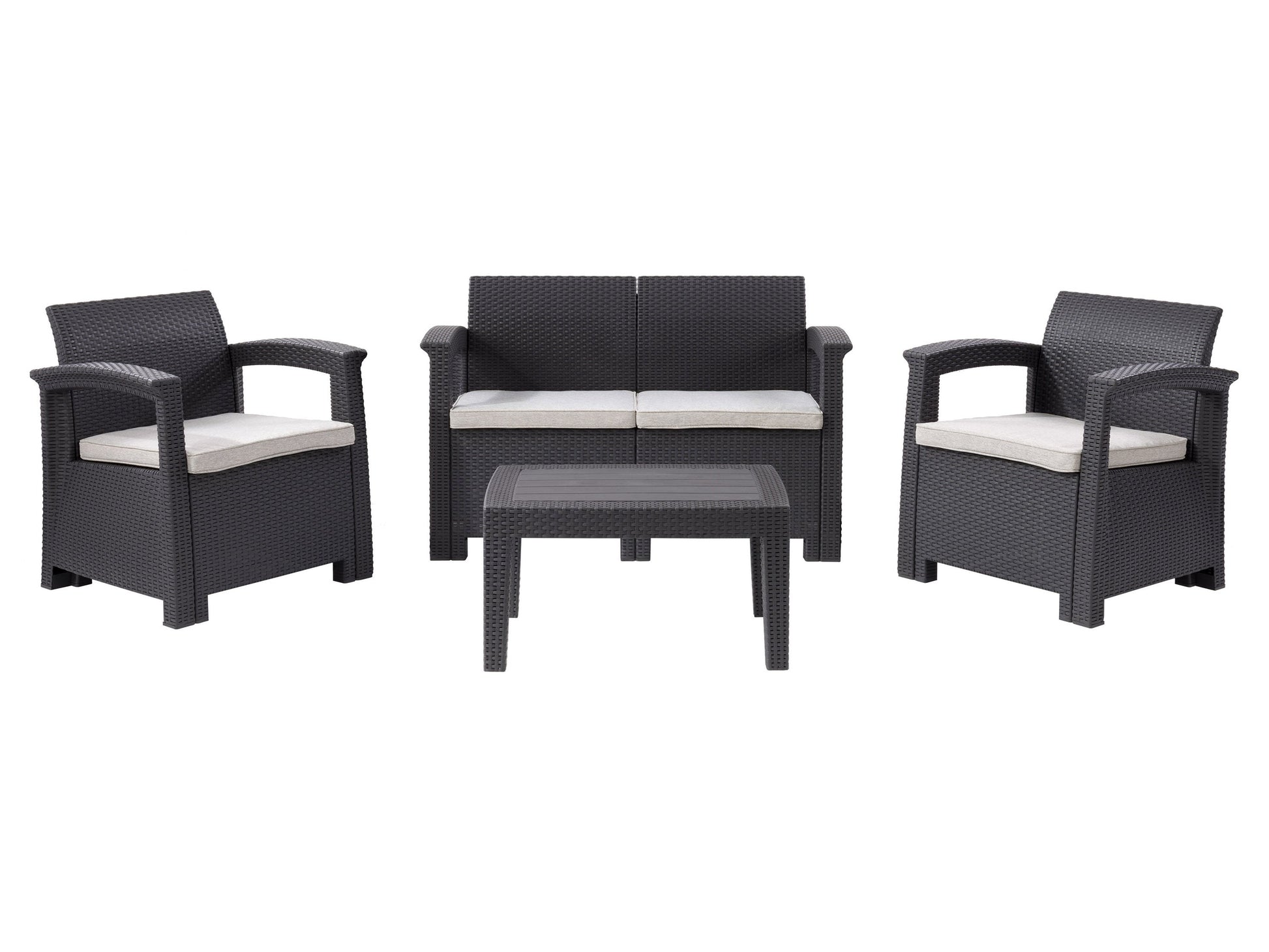 4-piece grey patio conversation set with cushioned seats, wicker texture, and a glass-top coffee table, perfect for outdoor lounging and entertaining.