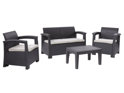 4-piece grey patio conversation set with cushioned seats, wicker texture, and a glass-top coffee table, perfect for outdoor lounging and entertaining.