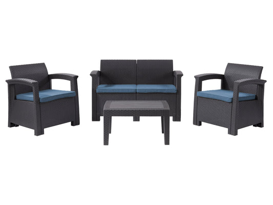 Blue 4-piece patio conversation set with cushioned seats, rattan wicker frame, glass-top coffee table, and weather-resistant materials, ideal for outdoor lounging and entertaining.