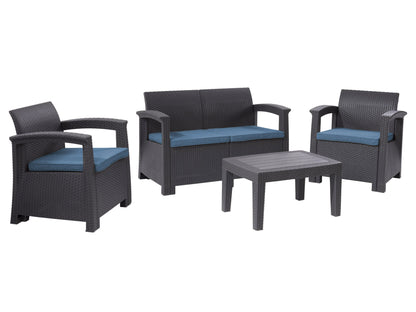 Blue 4-piece patio conversation set with cushioned seats, rattan wicker frame, glass-top coffee table, and weather-resistant materials, ideal for outdoor lounging and entertaining.