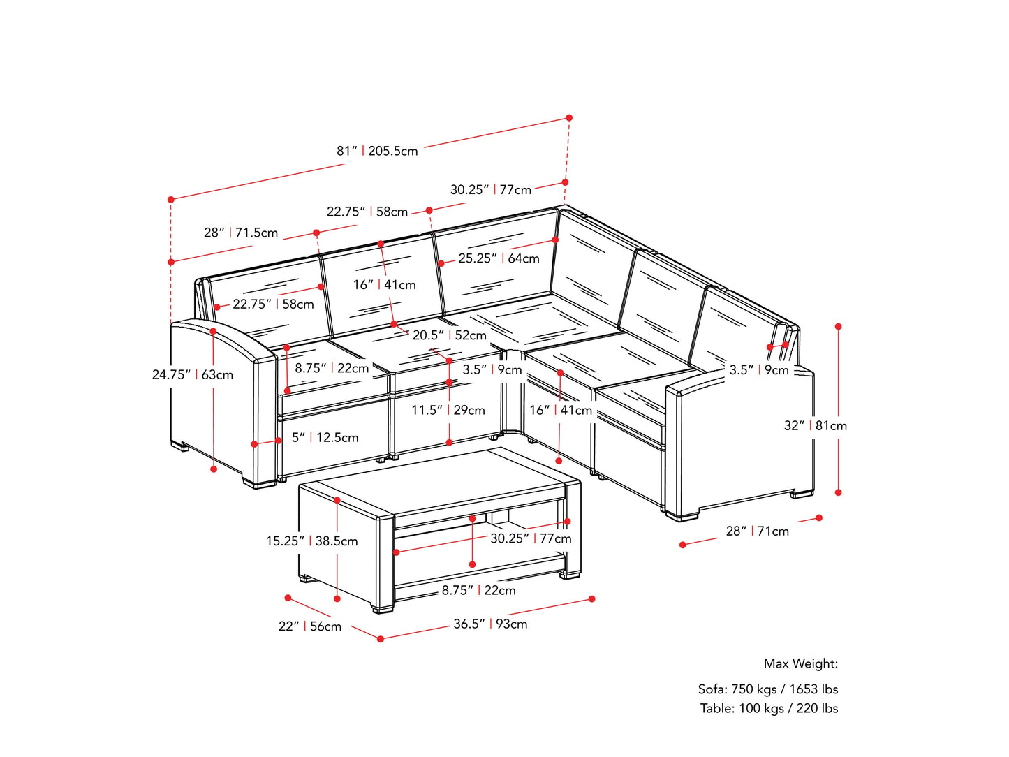 black and grey Outdoor Wicker Sectional Set, 6pc Lake Front Collection measurements diagram by CorLiving#color_black-and-grey