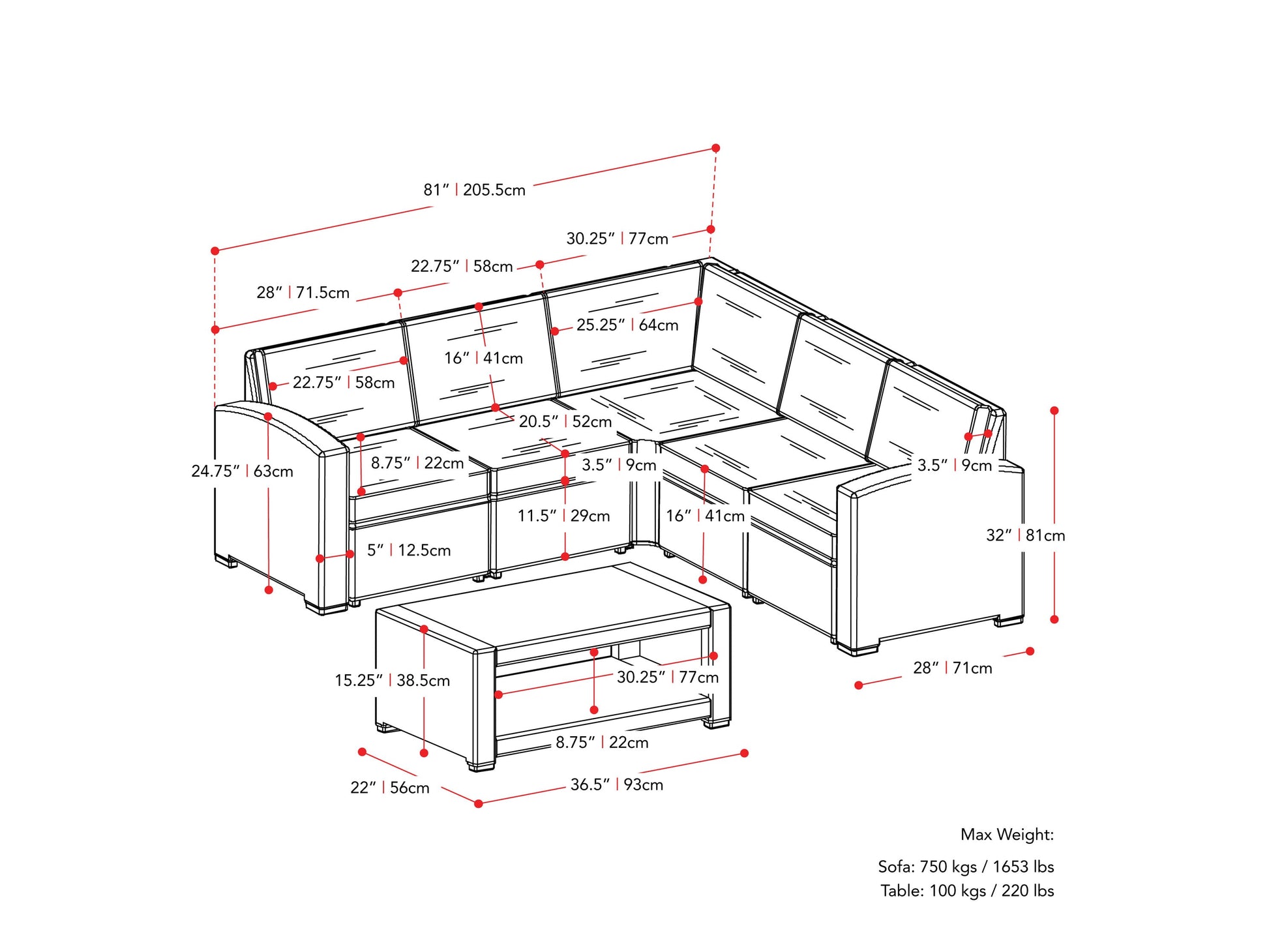 black and grey Outdoor Wicker Sectional Set, 6pc Lake Front Collection measurements diagram by CorLiving#color_black-and-grey