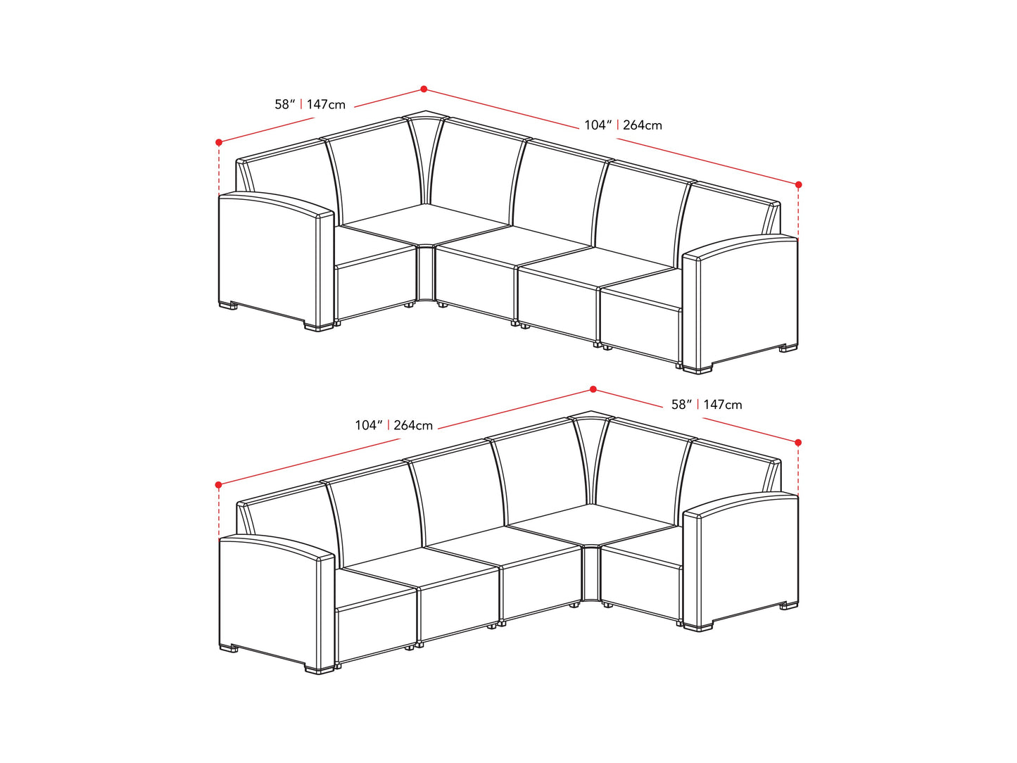 black and grey Outdoor Wicker Sectional Set, 6pc Lake Front Collection measurements diagram by CorLiving#color_black-and-grey