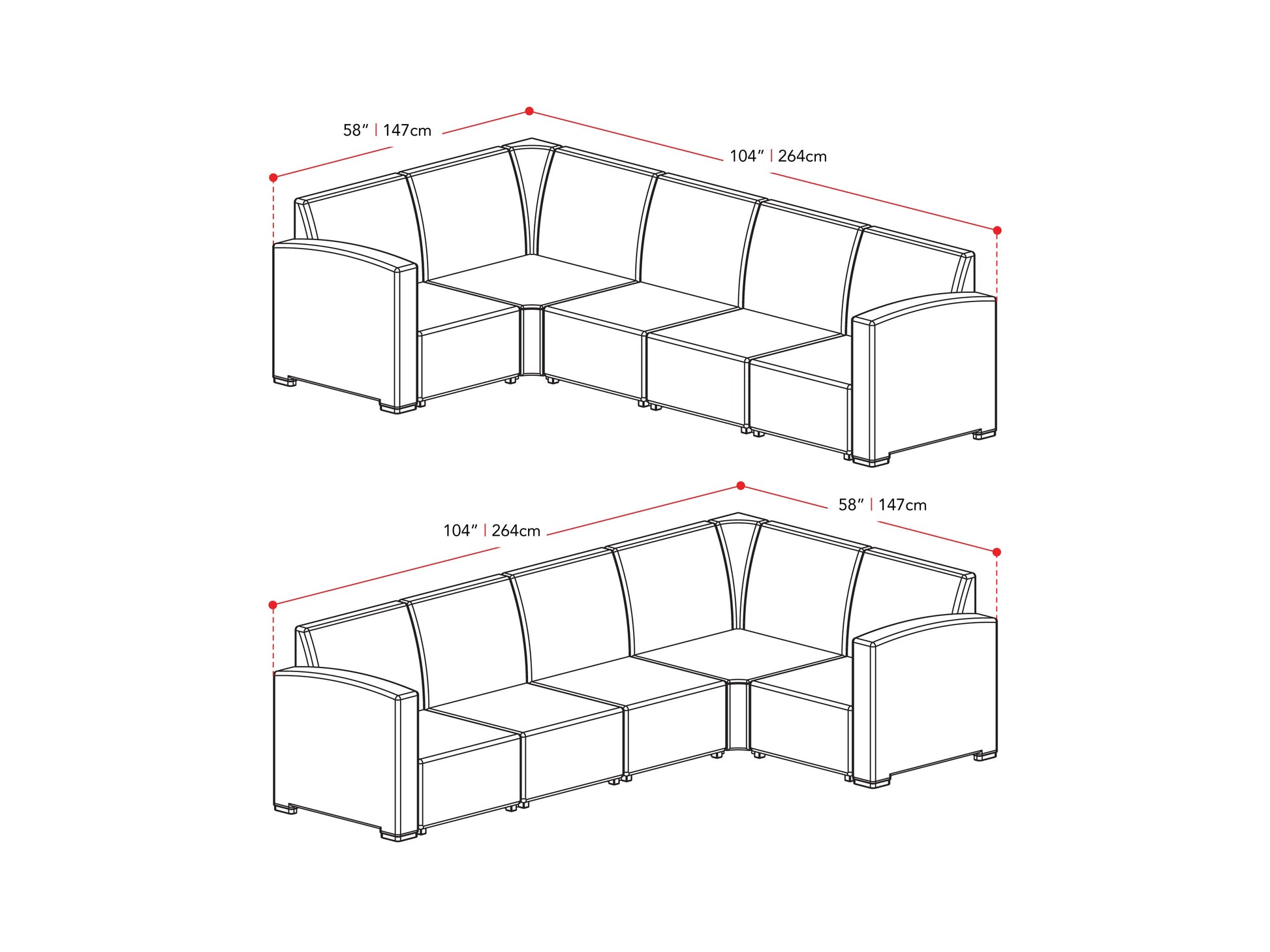 black and grey Outdoor Wicker Sectional Set, 6pc Lake Front Collection measurements diagram by CorLiving#color_black-and-grey