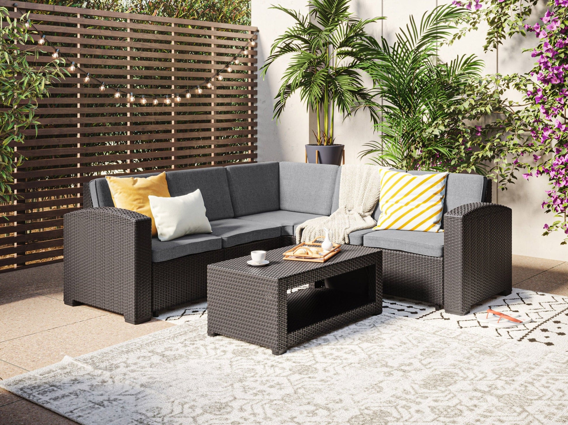 black and grey Outdoor Wicker Sectional Set, 6pc Lake Front Collection lifestyle scene by CorLiving#color_black-and-grey