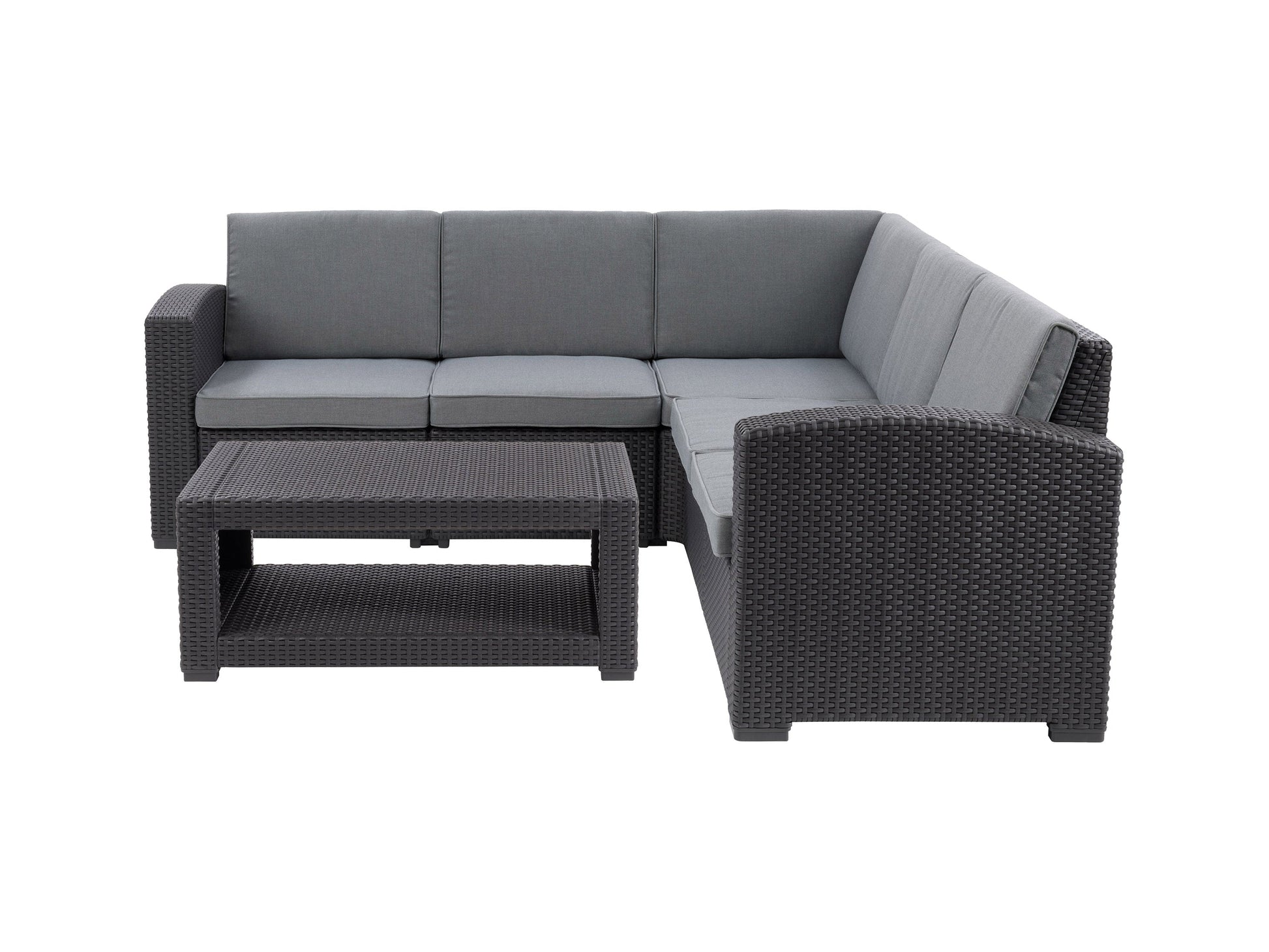 Black and grey outdoor wicker sectional set with six pieces, featuring a modern design, durable wicker material, comfortable grey cushions, and a modular layout perfect for patios and outdoor spaces.