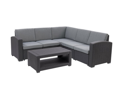 Black and grey outdoor wicker sectional set with six pieces, featuring a modern design, durable wicker material, comfortable grey cushions, and a modular layout perfect for patios and outdoor spaces.