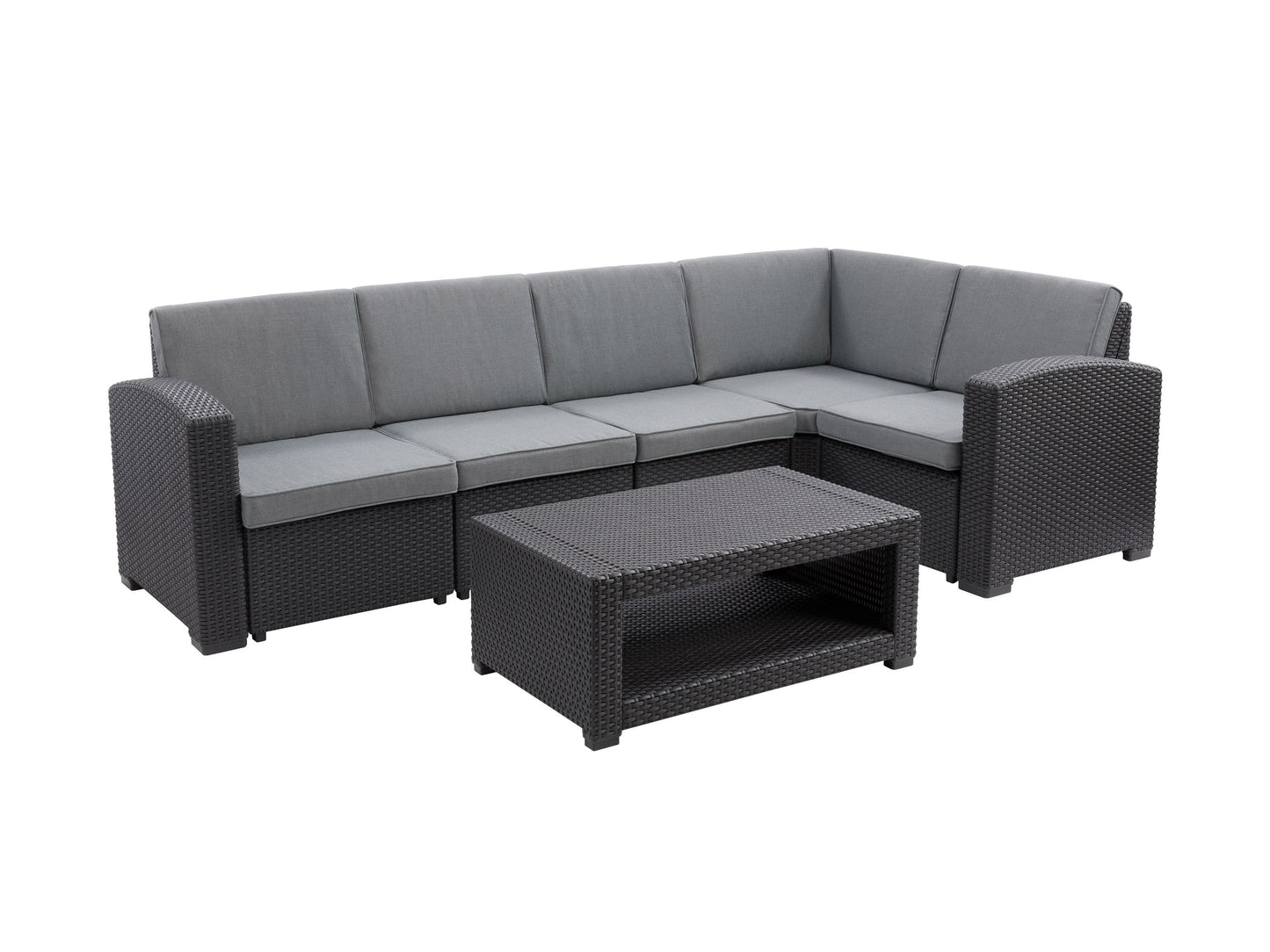 Black and grey outdoor wicker sectional set with six pieces, featuring a modern design, durable wicker material, comfortable grey cushions, and a modular layout perfect for patios and outdoor spaces.