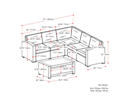 black Outdoor Wicker Sectional Set, 6pc Lake Front Collection measurements diagram by CorLiving#color_black