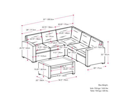 black and blue Outdoor Wicker Sectional Set, 6pc Lake Front Collection measurements diagram by CorLiving#color_black-and-blue