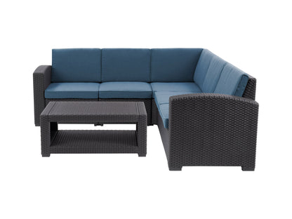 Black and blue outdoor wicker sectional set, 6-piece patio furniture featuring durable wicker material, plush blue cushions, and modular design for customizable seating arrangements in outdoor spaces.