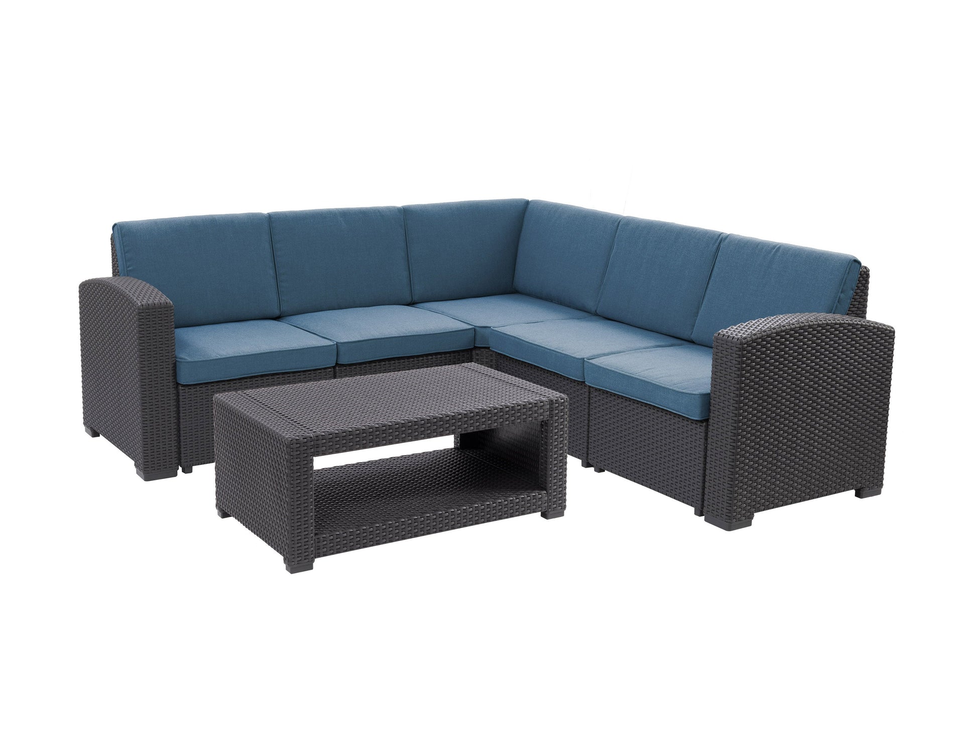 Black and blue outdoor wicker sectional set, 6-piece patio furniture featuring durable wicker material, plush blue cushions, and modular design for customizable seating arrangements in outdoor spaces.