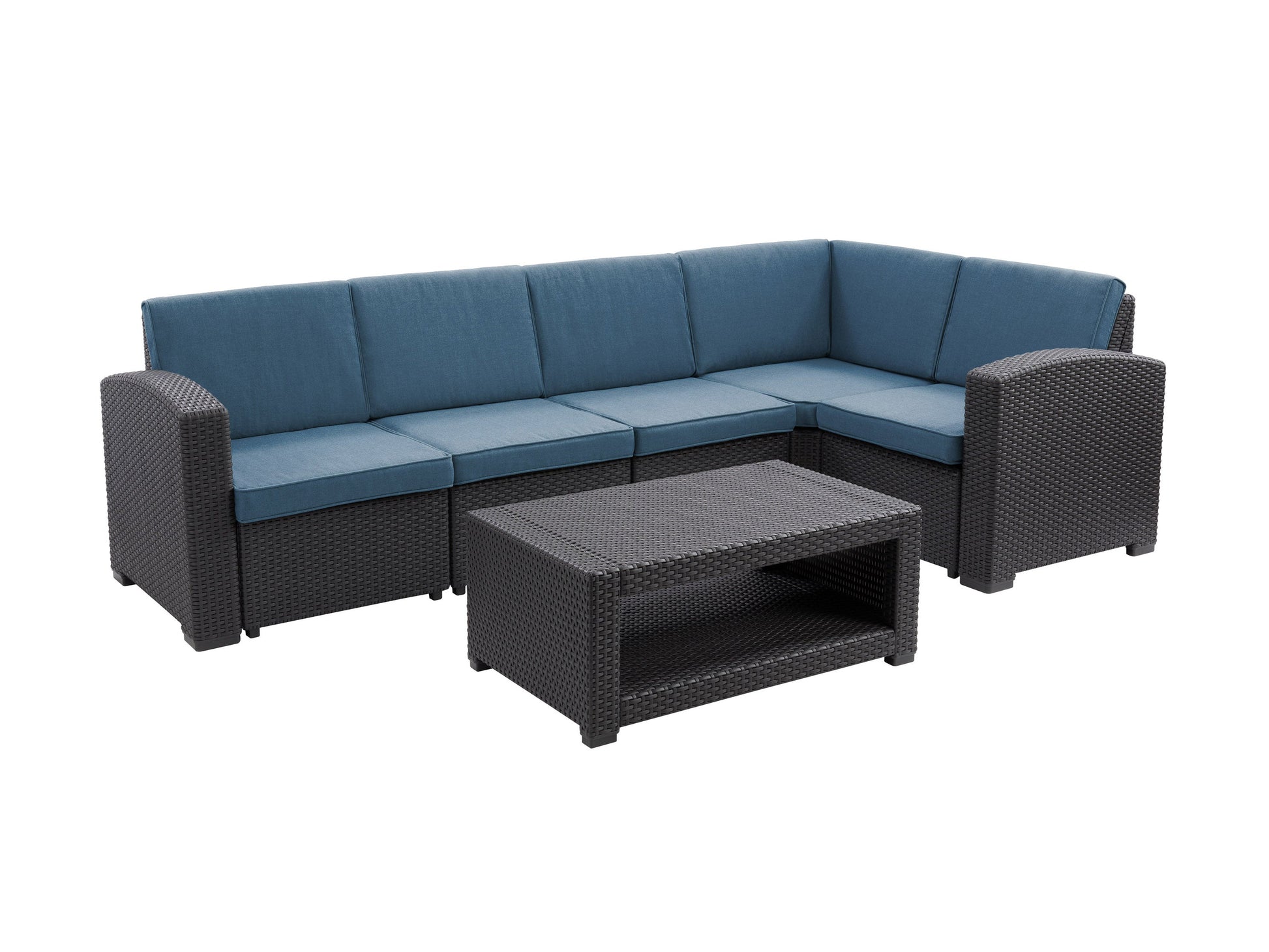 Black and blue outdoor wicker sectional set, 6-piece patio furniture featuring durable wicker material, plush blue cushions, and modular design for customizable seating arrangements in outdoor spaces.