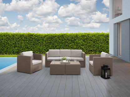 Beige 5-piece patio conversation set with cushioned seats, rattan wicker frame, glass-top coffee table, and weather-resistant materials for outdoor use.