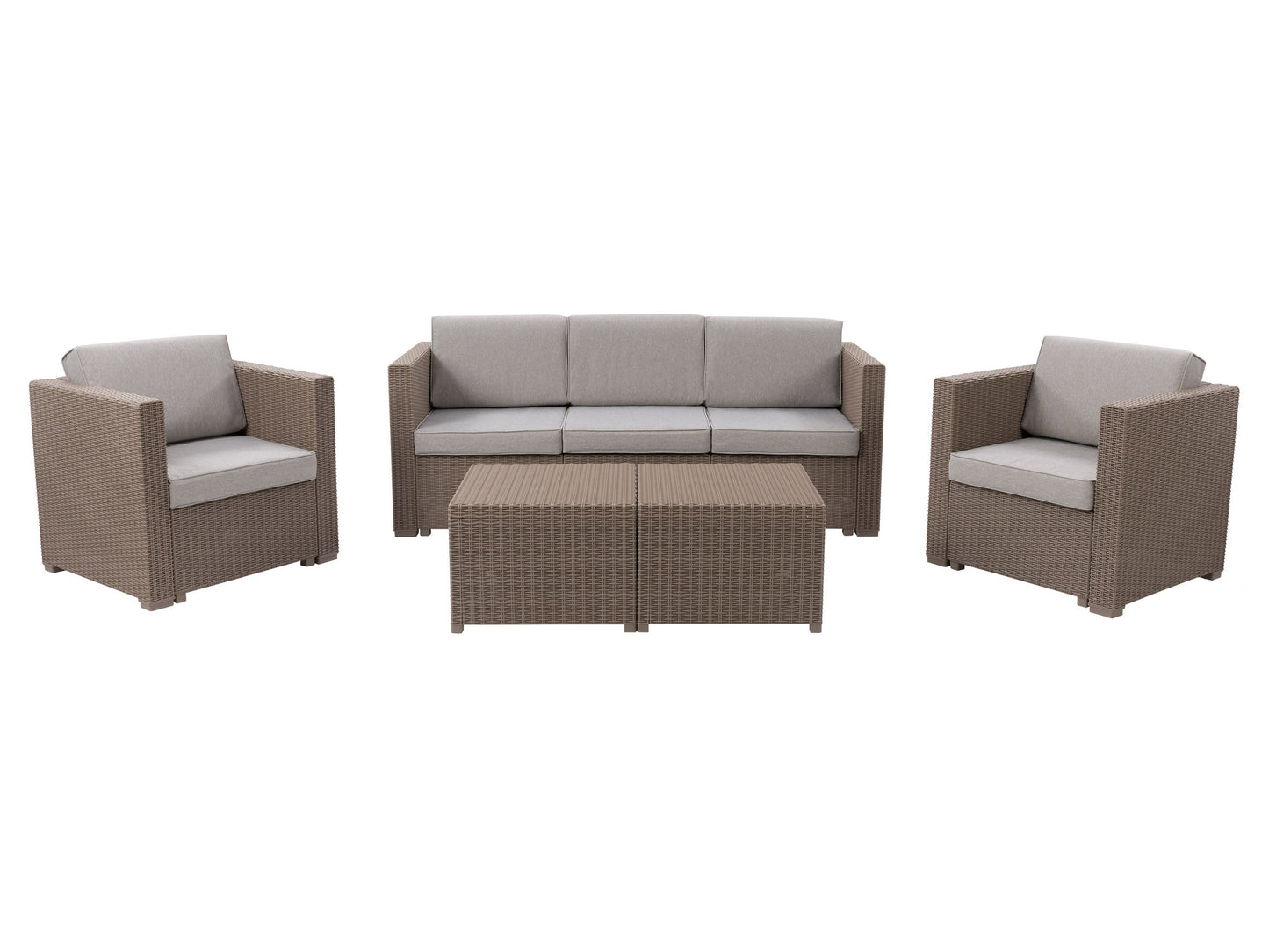 Beige 5-piece patio conversation set with cushioned seats, rattan wicker frame, glass-top coffee table, and weather-resistant materials for outdoor use.