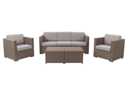 Beige 5-piece patio conversation set with cushioned seats, rattan wicker frame, glass-top coffee table, and weather-resistant materials for outdoor use.