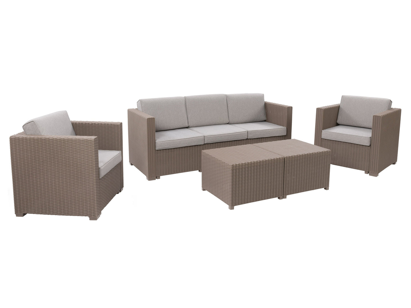 Beige 5-piece patio conversation set with cushioned seats, rattan wicker frame, glass-top coffee table, and weather-resistant materials for outdoor use.