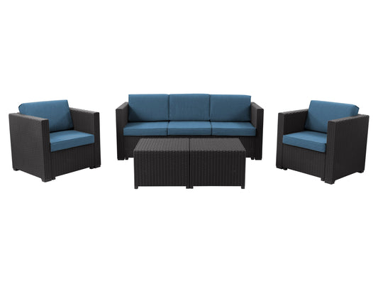 5-piece patio conversation set with black metal frame, blue cushioned chairs, and a matching coffee table featuring a tempered glass top, perfect for outdoor lounging and entertaining.