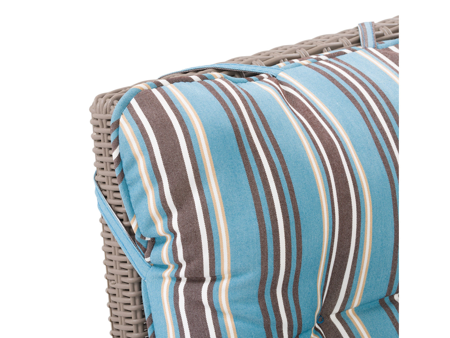 Blue and brown striped patio recliner and ottoman set, 5-piece conversation set, weather-resistant wicker, plush cushions, modern design, perfect for outdoor lounging and relaxation.