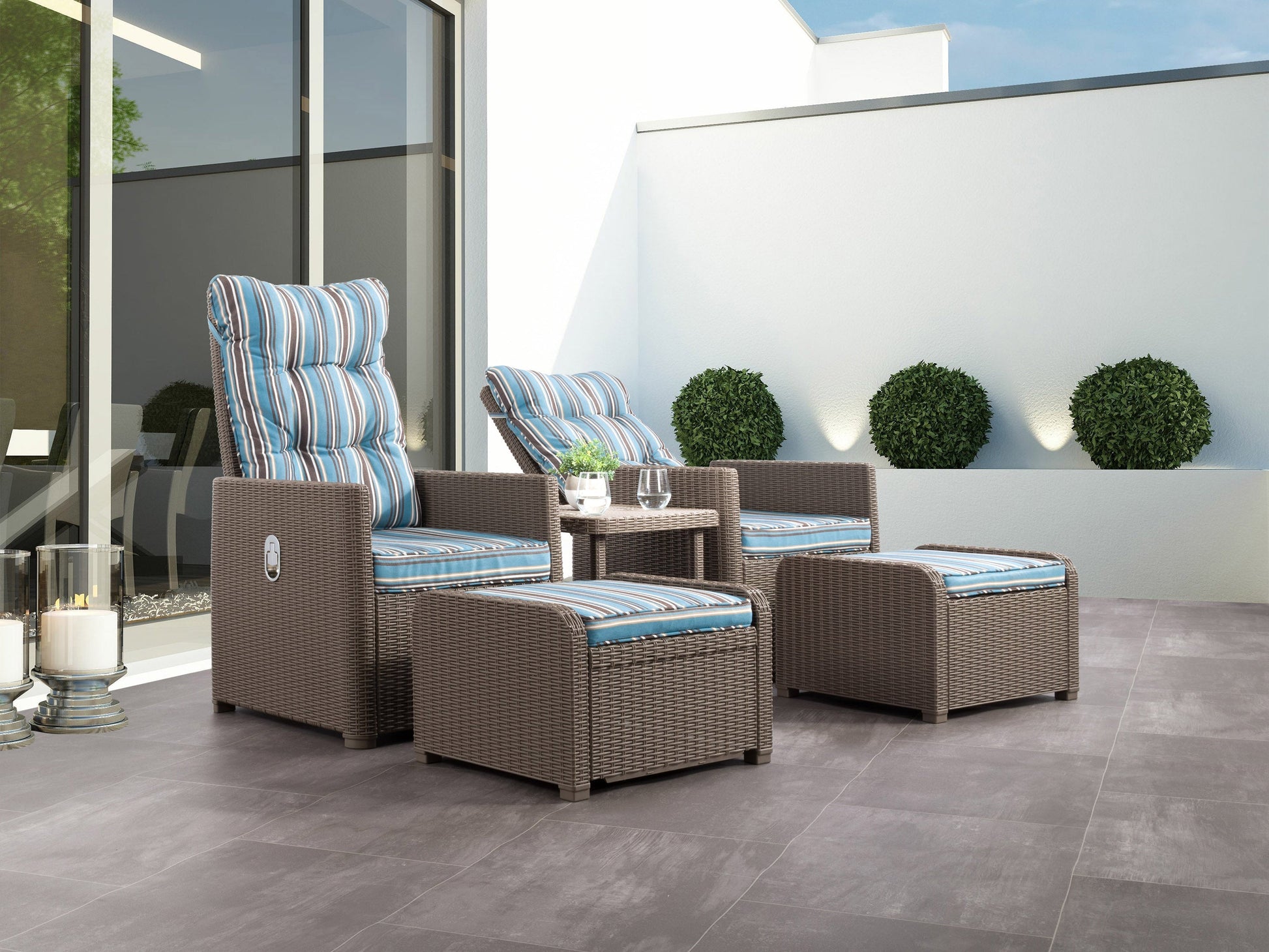 Blue and brown striped patio recliner and ottoman set, 5-piece conversation set, weather-resistant wicker, plush cushions, modern design, perfect for outdoor lounging and relaxation.