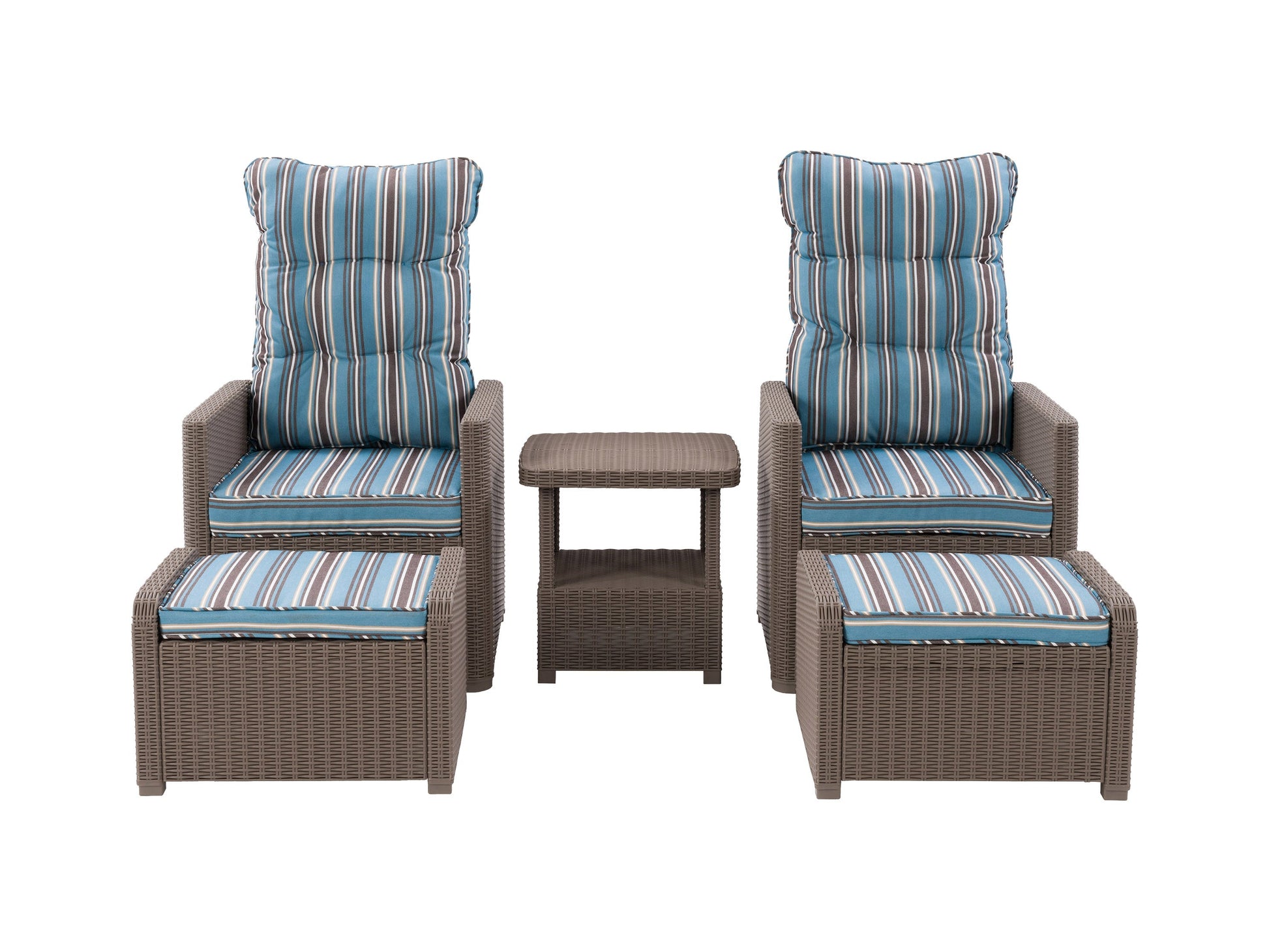 Blue and brown striped patio recliner and ottoman set, 5-piece conversation set, weather-resistant wicker, plush cushions, modern design, perfect for outdoor lounging and relaxation.