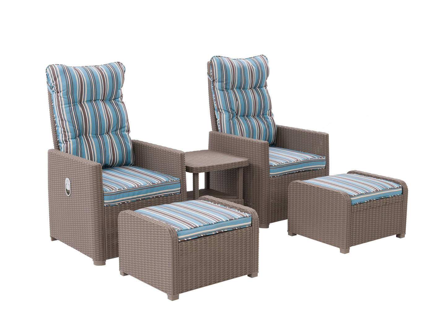 Blue and brown striped patio recliner and ottoman set, 5-piece conversation set, weather-resistant wicker, plush cushions, modern design, perfect for outdoor lounging and relaxation.