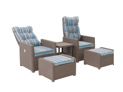 Blue and brown striped patio recliner and ottoman set, 5-piece conversation set, weather-resistant wicker, plush cushions, modern design, perfect for outdoor lounging and relaxation.