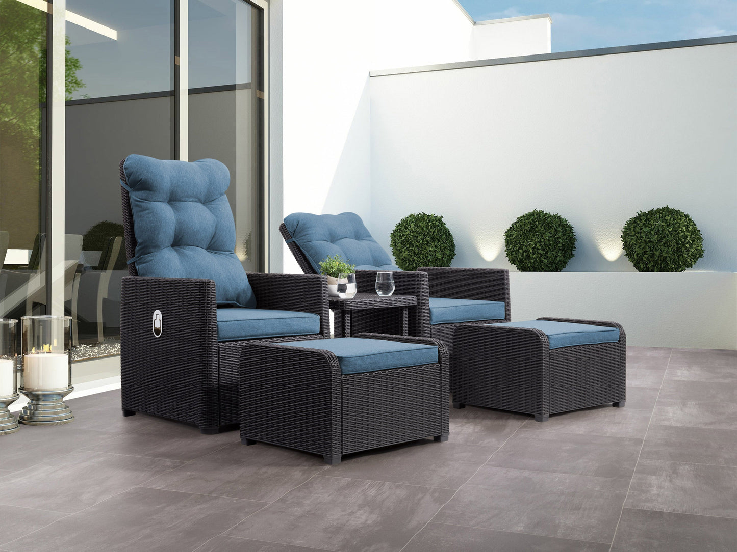 Black and blue patio recliner and ottoman set with woven rattan texture, cushioned seats, and a sleek aluminum frame. Includes a small matching side table, perfect for outdoor lounging and conversation.