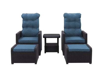 Black and blue patio recliner and ottoman set with woven rattan texture, cushioned seats, and a sleek aluminum frame. Includes a small matching side table, perfect for outdoor lounging and conversation.