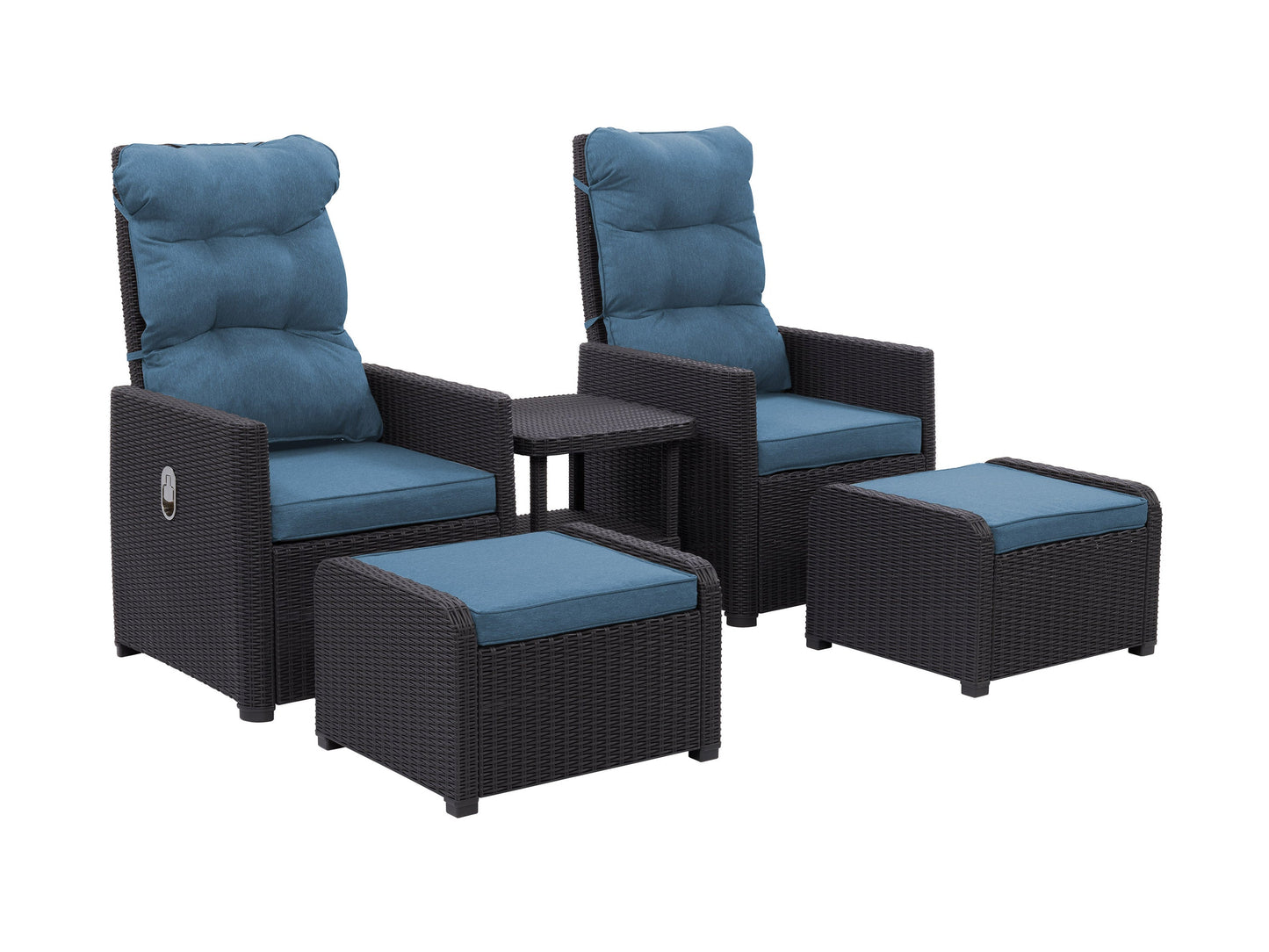 Black and blue patio recliner and ottoman set with woven rattan texture, cushioned seats, and a sleek aluminum frame. Includes a small matching side table, perfect for outdoor lounging and conversation.