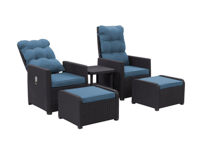 Black and blue patio recliner and ottoman set with woven rattan texture, cushioned seats, and a sleek aluminum frame. Includes a small matching side table, perfect for outdoor lounging and conversation.