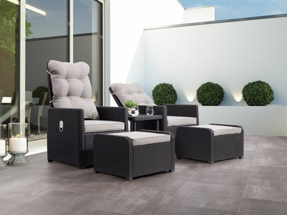 Beige patio conversation set with recliner and ottoman, featuring cushioned seats, wicker texture, and durable aluminum frames, perfect for outdoor lounging and relaxation.