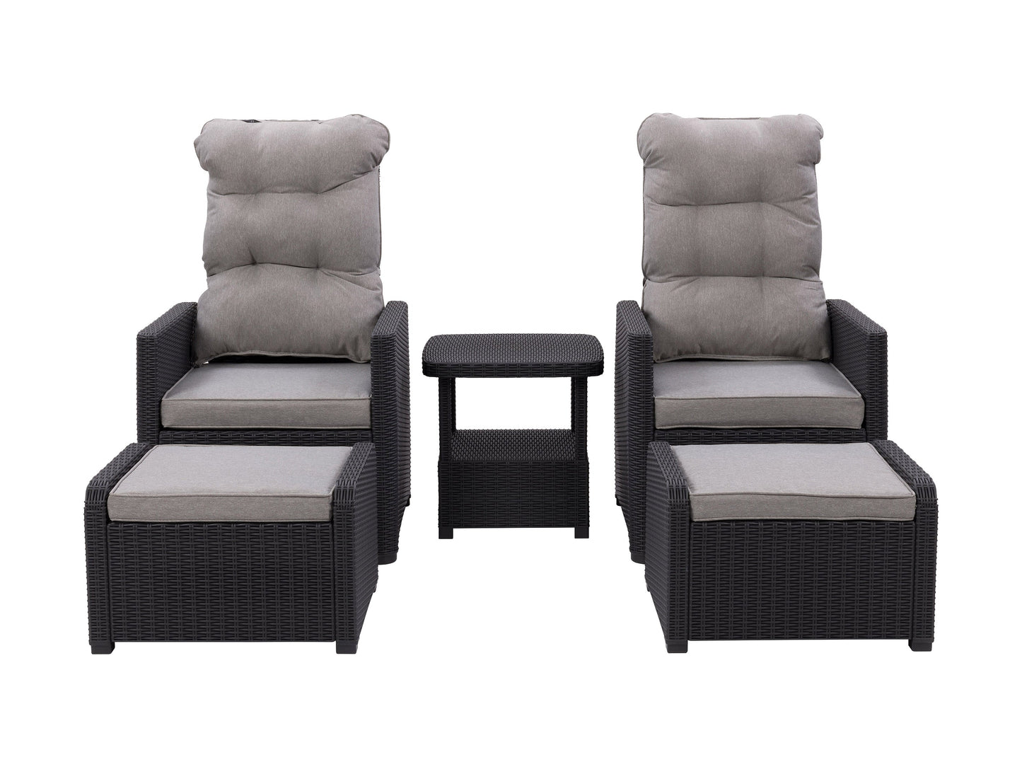 Beige patio conversation set with recliner and ottoman, featuring cushioned seats, wicker texture, and durable aluminum frames, perfect for outdoor lounging and relaxation.