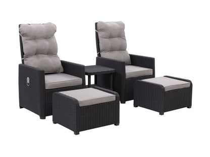 Beige patio conversation set with recliner and ottoman, featuring cushioned seats, wicker texture, and durable aluminum frames, perfect for outdoor lounging and relaxation.