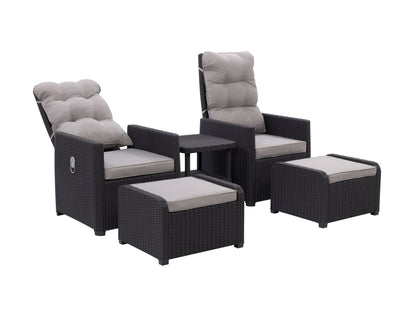 Beige patio conversation set with recliner and ottoman, featuring cushioned seats, wicker texture, and durable aluminum frames, perfect for outdoor lounging and relaxation.