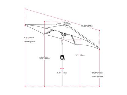 Sky blue 9ft patio umbrella with built-in LED lights and tilting feature, providing shade and illumination for outdoor spaces. Durable fabric, sturdy pole, and easy tilt mechanism for adjustable sun protection.