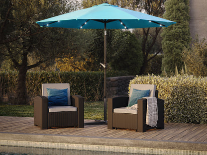 Sky blue 9ft patio umbrella with built-in LED lights and tilting feature, providing shade and illumination for outdoor spaces. Durable fabric, sturdy pole, and easy tilt mechanism for adjustable sun protection.