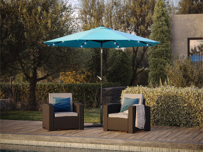 Sky blue 9ft patio umbrella with built-in LED lights and tilting feature, providing shade and illumination for outdoor spaces. Durable fabric, sturdy pole, and easy tilt mechanism for adjustable sun protection.