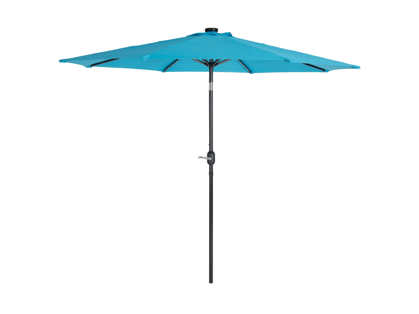 Sky blue 9ft patio umbrella with built-in LED lights and tilting feature, providing shade and illumination for outdoor spaces. Durable fabric, sturdy pole, and easy tilt mechanism for adjustable sun protection.