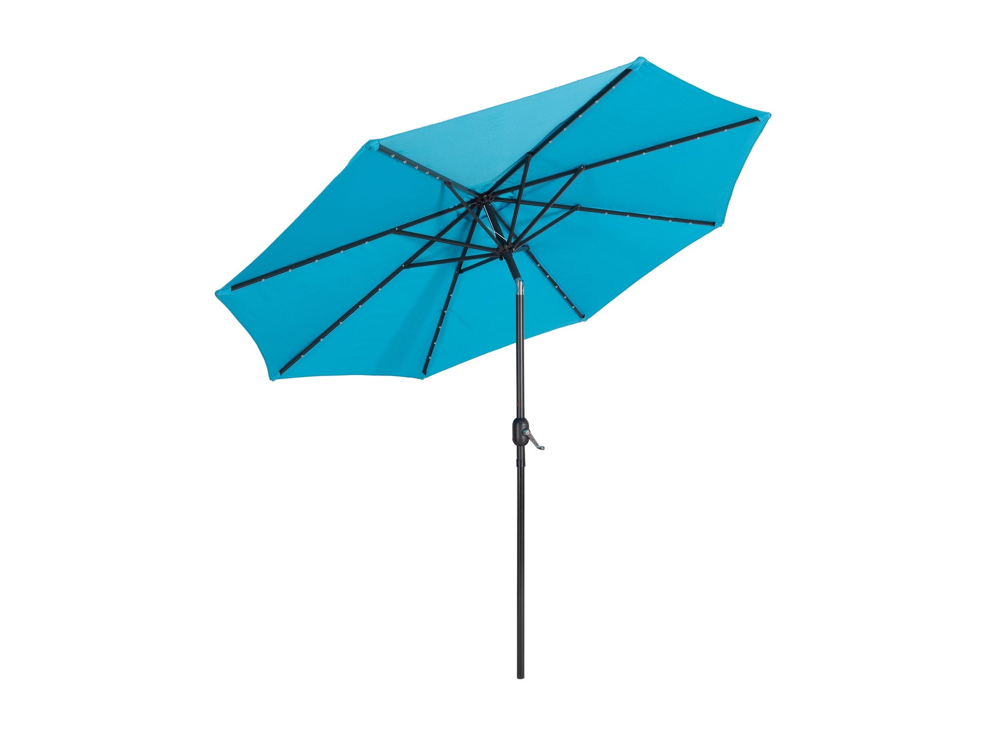 Sky blue 9ft patio umbrella with built-in LED lights and tilting feature, providing shade and illumination for outdoor spaces. Durable fabric, sturdy pole, and easy tilt mechanism for adjustable sun protection.