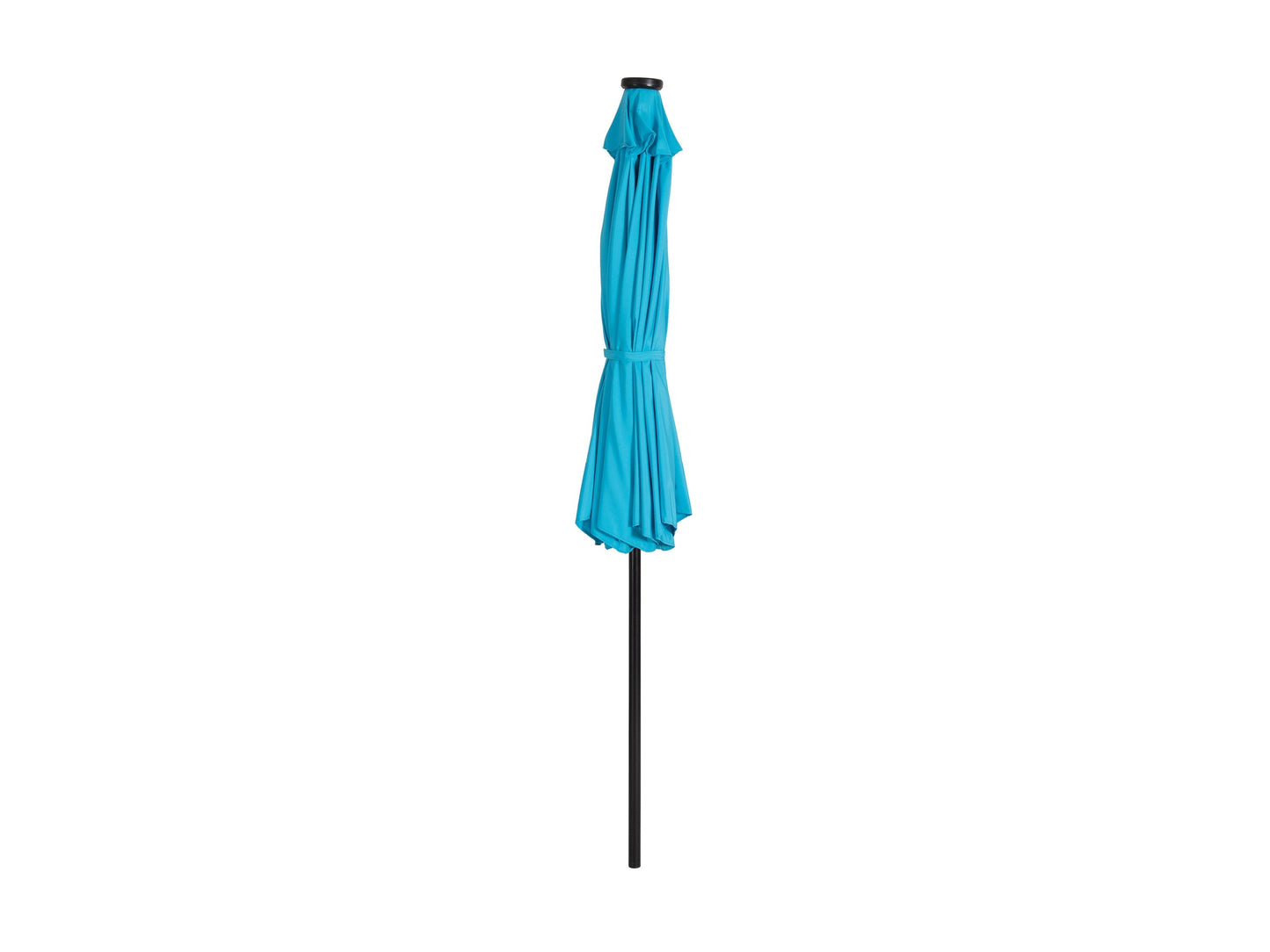 Sky blue 9ft patio umbrella with built-in LED lights and tilting feature, providing shade and illumination for outdoor spaces. Durable fabric, sturdy pole, and easy tilt mechanism for adjustable sun protection.