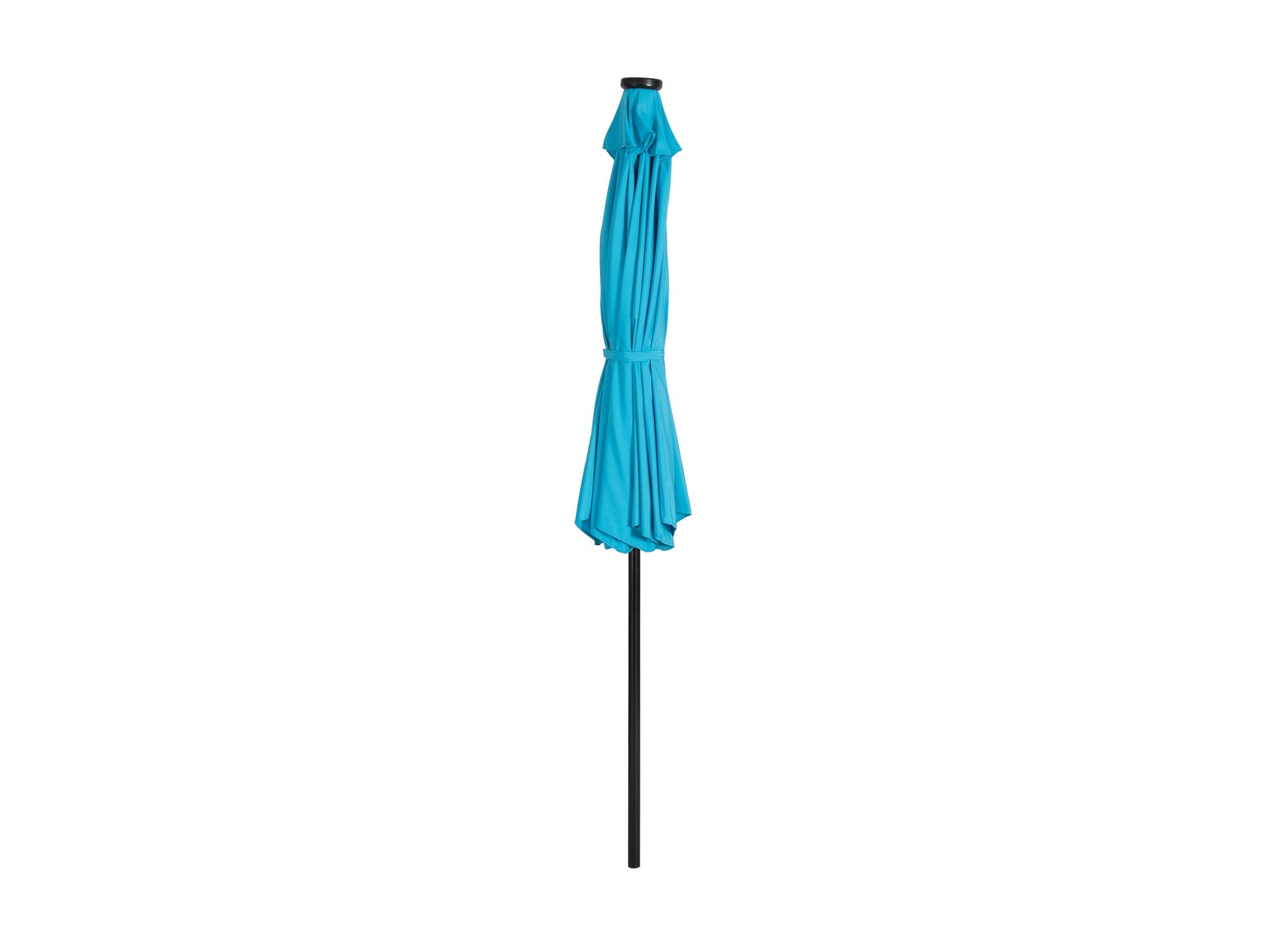 Sky blue 9ft patio umbrella with built-in LED lights and tilting feature, providing shade and illumination for outdoor spaces. Durable fabric, sturdy pole, and easy tilt mechanism for adjustable sun protection.