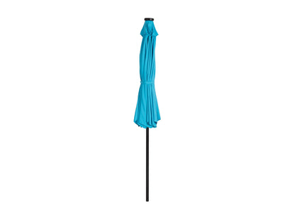 Sky blue 9ft patio umbrella with built-in LED lights and tilting feature, providing shade and illumination for outdoor spaces. Durable fabric, sturdy pole, and easy tilt mechanism for adjustable sun protection.